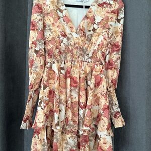 Petal & Pup Pink and Red Ruched Tiered Long Sleeve Dress